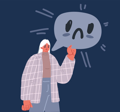 Cartoon vector illustration of woman holding sad speech bubble. Bad feedback, unhappy emotion, faild communication