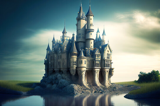 Fantasy castle near lake