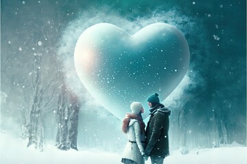 Couple in love dressed for winter outdoors enjoying a romantic moment with a white floating heart above. Generative AI