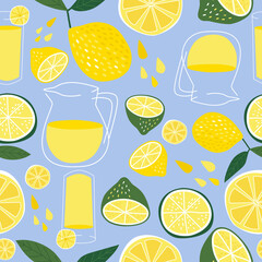 Lemonade glass and lemon seamless pattern on blue bacground. Citrus Fruit, Lemon, Lime, Lemon slice, Lemon half. Vector repeat pattern
