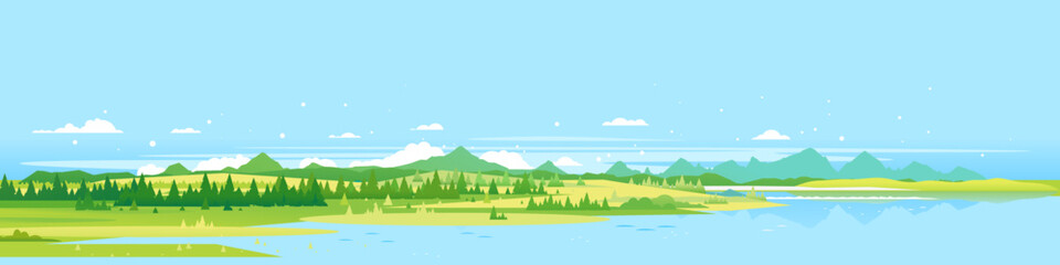 Big panorama of green mountains with spruce forest around mountain lake in valley, summer countryside with green mountains and river, summer sunny glades illustration