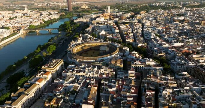 Aerial View Of Plaza de toros de la Real Maestranza de Caballer&iacute;a de Sevilla In Spain.