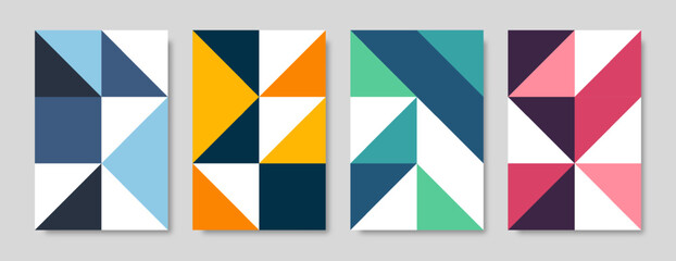 Set of brochure cover designs in colorful geometric style. A4 format templates for business card, poster, flyer, covers. Modern vector illustration