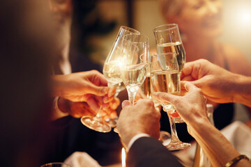 Success, hands or toast in a party for goals, winning deal or new year at luxury social event...