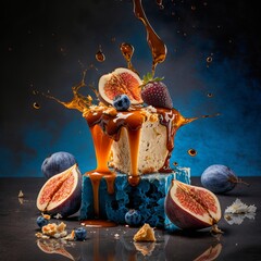 Chocolates and caramel splashing. Fig fruit, blue cheese, berries, chocolate muss and chocolate exploding. Dessert illustration. Blue background. Food abstract phytography-illustration created in AI. 