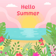 Fototapeta na wymiar Summer exotic seascape with sunset and tropical flowers and plants. Hello summer poster.