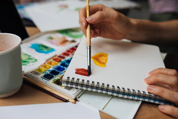 Watercolor painting in cafe