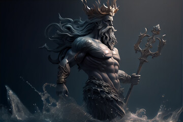 illustration of Neptune Poseidon from legend of the lost city of Atlantis . AI