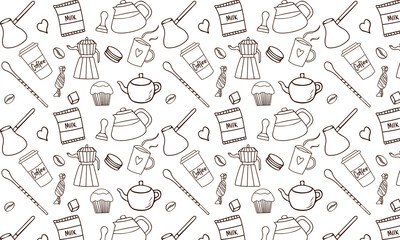 Vintage Hand drawn coffe seamless pattern with retro coffee maker, milk, cake, cookies. Repeated texture for cafe menu, shop wrapping paper.