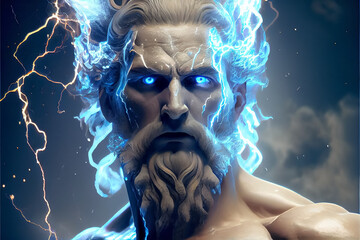 illustration of mighty god Zeus with thunder in hand . ai
