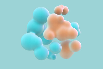 3D floating colored metaballs on blue background. Concept of modern organic chemistry and biological sciences. Futuristic abstract 3d shapes art background, EPS 10 vector illustration.