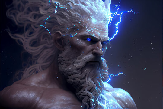 illustration of mighty god Zeus with thunder in hand . ai