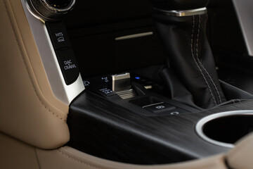 Offroad drive controller closeup view. Wheel drive selection. Four-Wheel Drive transmission selection system.