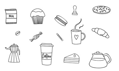 set of doodle drawings with coffee, cake, geyser coffee maker, hot drinks