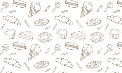 seamless pattern, background with sweets, for cafes, coffee shops, bakeries in black and white