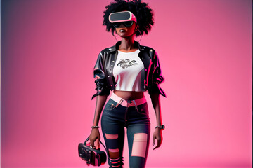 illustration of afro woman with vr helmet on pink background. AI