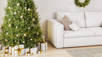 Christmas tree and presents in white and golden gift boxes