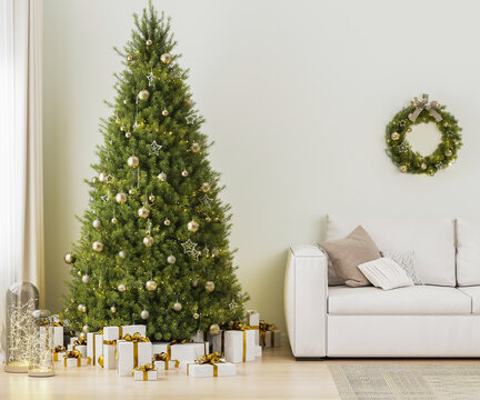 Home living room interior at Christmas time with christmas tree