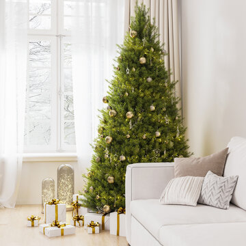 Home interior with decorated christmas tree amd presents