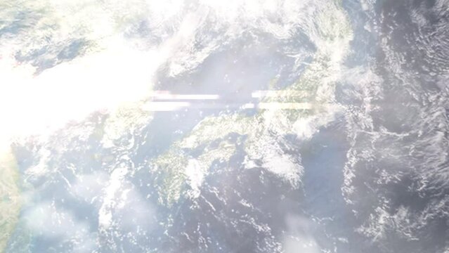 Earth zoom in from outer space to city. Zooming on Tsuyama, Okayama, Japan. The animation continues by zoom out through clouds and atmosphere into space. Images from NASA