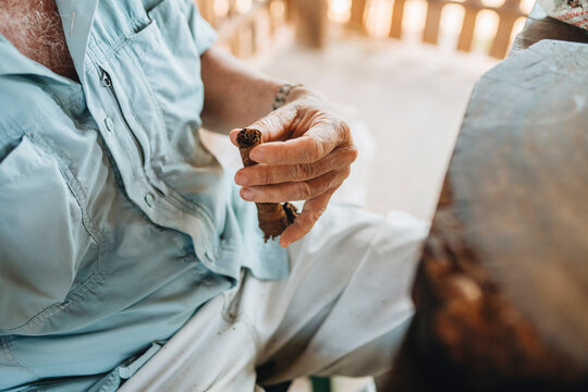Crop man showing handmade cigar
