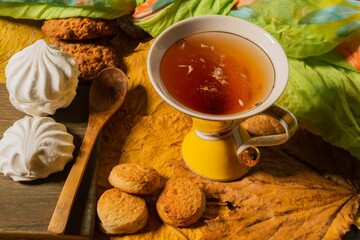 Tea time is a healthy drink. Still life- cup and sweets for food