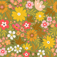 Floral pattern of large yellow, red and orange flowers on a light green background. Rustic chic.