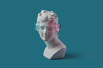 Greek goddess bust in multicolored neon glasses.