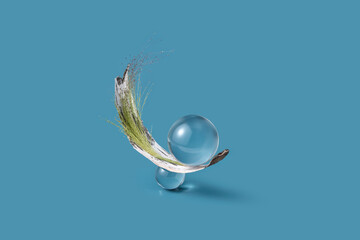 Natural tree bark with grass and glass spheres.