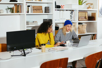 Diverse colleagues working on laptop in office