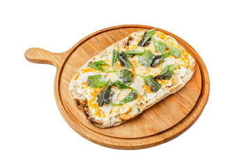 Pizza with cheese and herbs served on a wooden board. Appetizing traditional Italian dish. Top view. Close-up. Isolated on white background.