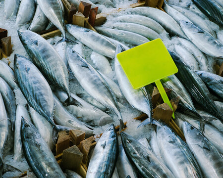 Plenty of fresh fish on the counter with a bright plastic sign