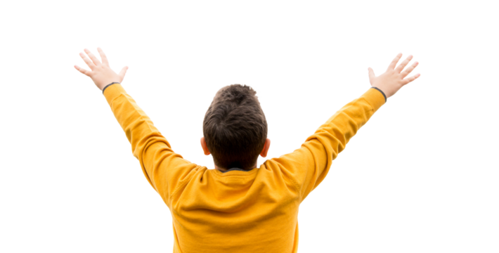 young man cheering open arms