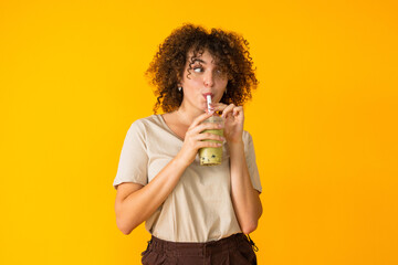 Cheerful woman with tasty bubble tea