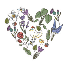Garden set. Drawing in the shape of a heart. Garden, spring plants. Chicken, rose, flowers, apple. Doodle linear drawing.