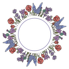 Flowers decoration, round frame: rose, lavender, thyme, snowdrop, narcissus, crocus. Spring postcard.