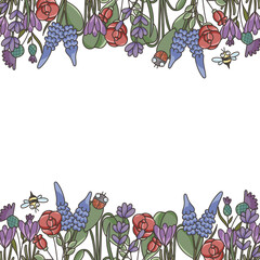 Spring pattern, photo frame. Wedding decoration, floral decor. Decoration with lavender, thyme, crocus. Wildflowers, rose, ladybug, beetle.