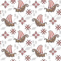Seamless pattern. Norwegian wallpaper: drakkar, viking, sea, pattern, doodle. Textile ornament for wallpaper, for fabric, for children, for adults.