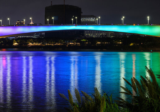 Closeup city bridge under neon light mapping