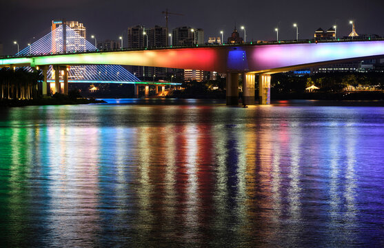 Closeup city bridge under neon light mapping