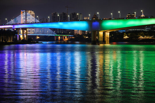 Closeup city bridge under neon light mapping