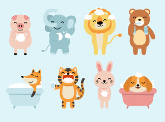 Big set of isolated animals. Vector collection of activity, bathing, funny animals. Cute animals: cat, rabbit, fox, dog, lion, elephant, pig, bear in cartoon style.