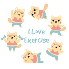 Big set of isolated animals. Vector collection of activity, gimnastic, yoga, exercise funny animals. Cute animals: cat in cartoon style.