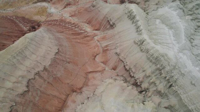 Aktau massif terrain, splayed ribbons of red, textured canyons, jagged fissures