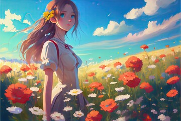 Beautiful fantasy character woman standing in a flower field on a summer sunny day, fantasy, anime - generative ai