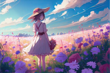 Beautiful fantasy character woman standing in a flower field on a summer sunny day, fantasy, anime - generative ai