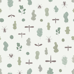 Seamless pattern with forester insects, beetles, trees. Vector illustration for flamping web, fabric, paper, wrap