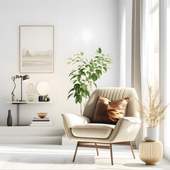 Cozy modern living room interior with Beige armchair and decoration room on a Beige or white wall background, Generative AI
