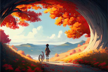 Boy on a bicycle looking at the autumn landscape, anime, fantasy - generative ai