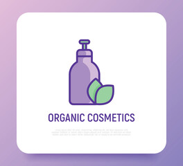 Organic cosmetics thin line icon: glass bottle with dispenser and leaf sign. Natural skin care. Modern vector illustration for beauty shop.